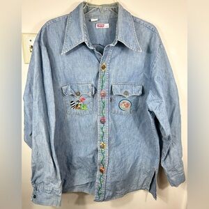 VTG Levi’s Embroidered Shirt Men’s XL‎ Blue 70s Orange Tab Mermaid Fishing RARE